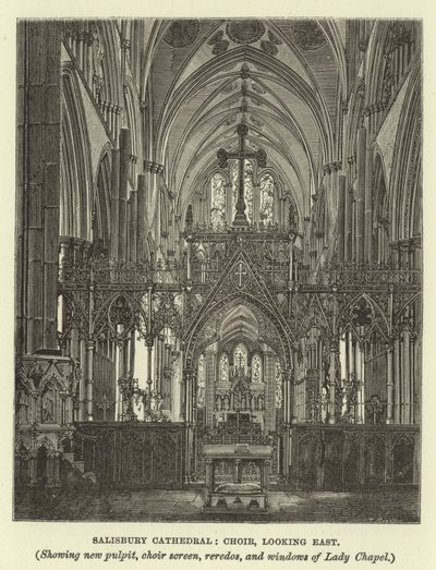 Catedral de Salisbury, coro, mirando al este, mostrando el nuevo púlpito, pantalla del coro, retablo y ventanas de la Capilla de la Virgen de English School