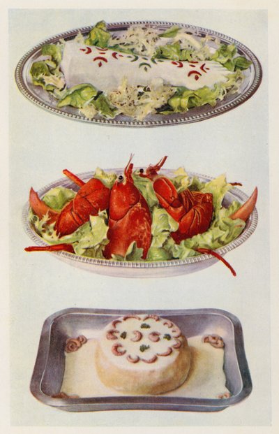 Mayonesa de salmón; Ensalada de bogavante; Soufflé de pescado (litografía en color) de English School