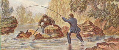 Pesca del salmón (litografía en color) de English School