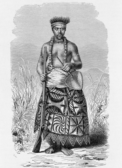 Guerrero samoano con ropa de tapa, de 