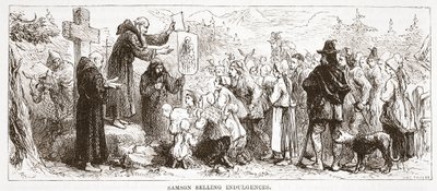 Sansón vendiendo indulgencias, ilustración de La Historia del Protestantismo de James Aitken Wylie, pub. 1878 de English School