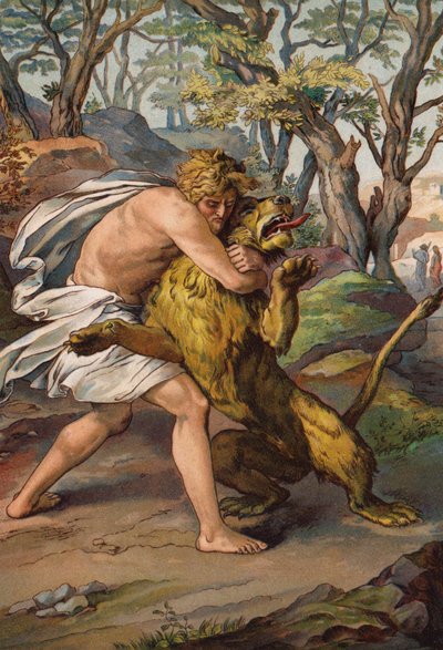 Sansón matando al león (cromolito) de English School