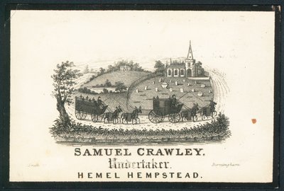 Samuel Crawley, funerario, tarjeta comercial de English School