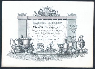 Samuel Keeley, orfebre, joyero, platero y cuchillero, tarjeta comercial de English School