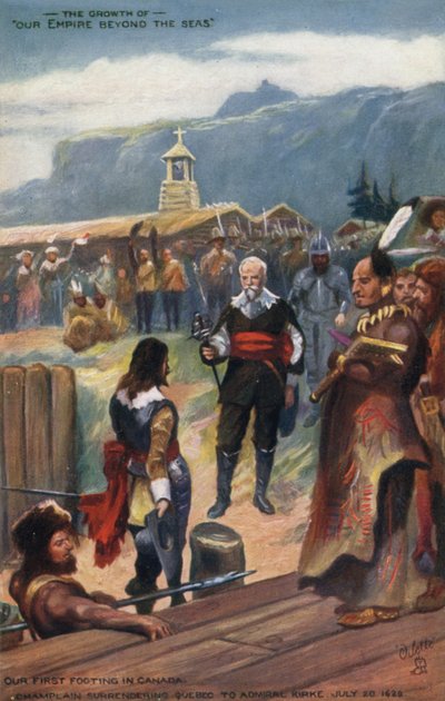 Samuel de Champlain rindiendo Quebec al almirante Kirke, 20 de julio de 1629 de English School