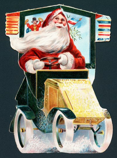 Papá Noel conduciendo un coche, tarjeta de Navidad de English School