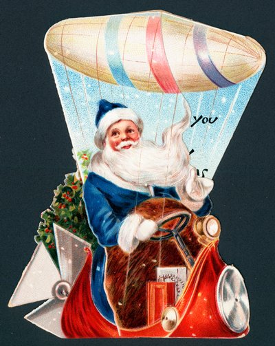 Papá Noel conduciendo un dirigible, tarjeta de Navidad de English School
