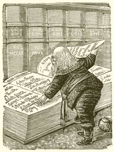 Santa Claus buscando en su diario los nombres de los niños que han sido buenos desde la última Navidad de English School
