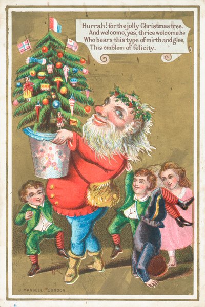 Santa llevando árbol de Navidad, tarjeta de Navidad de English School