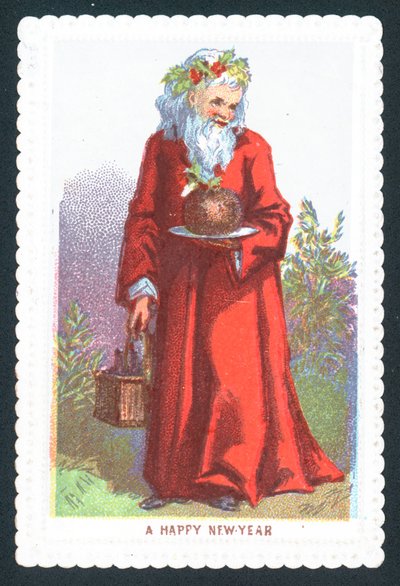 Santa sosteniendo pudín de ciruela de English School