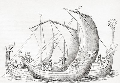 Barcos sajones, después de un grabado en la Crónica de Inglaterra de Strutt, de Old England: A Pictorial Museum, pub. 1847 de English School