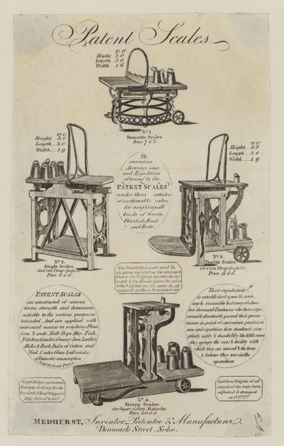 Tarjeta comercial de fabricante de balanzas, Medhurst de English School