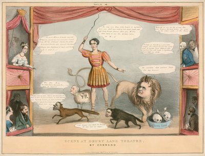 Escena del Teatro Drury Lane, Londres; caricatura de English School