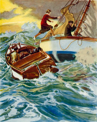Escena de Four Valves and Sheila: una mujer salta de una lancha motora a un yate con mar gruesa (litografía en color) de English School