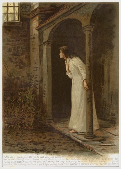 Escena de El arrepentimiento de Janet, uno de los relatos de Escenas de la vida clerical, de George Eliot (litografía en color). de English School