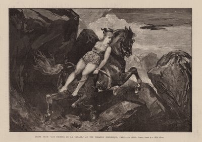Escena de "Lies Pirates De La Savane," En el Theatre Historique, París, Leo, Mdlle Oceana, atada a un Caballo Salvaje (grabado) de English School