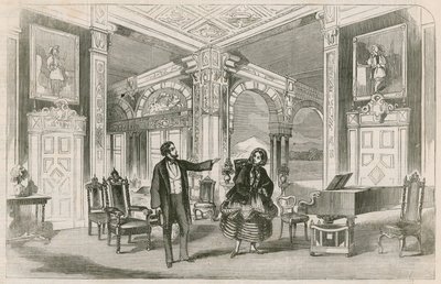 Escena del nuevo entretenimiento de Miss P Horton en la Galería de Ilustración, Regent Street, Londres de English School