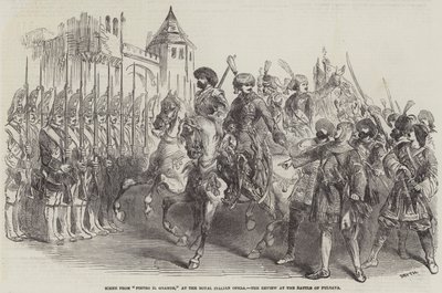 Escena de "Pietro il Grande" en la Ópera Real Italiana, la revisión en la Batalla de Pultava (grabado) de English School