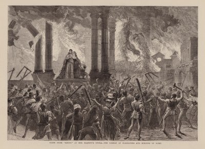 Escena de "Rienzi" en la Ópera de Su Majestad, El combate de los gladiadores y la quema de Roma, Richard Wagner (grabado) de English School