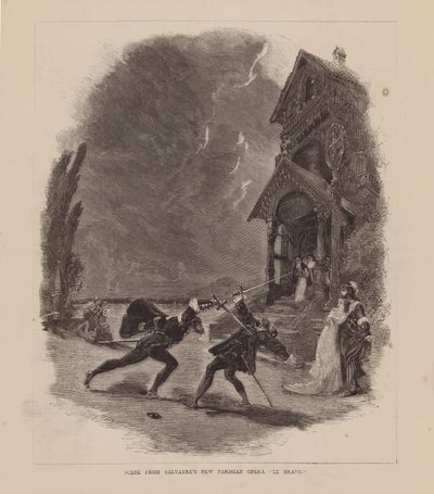 Escena de la nueva ópera parisina de Salvayre "Le Bravo" (grabado) de English School