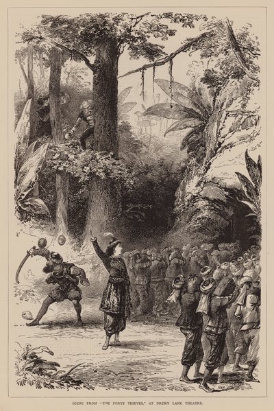 Escena de "Los cuarenta ladrones", en el teatro Drury Lane (grabado) de English School