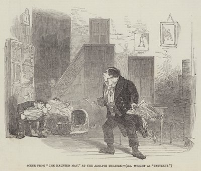Escena de "The Haunted Man", en el Teatro Adelphi, Mr Wright como "Tetterby" (grabado) de English School