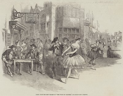 Escena del Nuevo Ballet de "The Wags of Wapping," en el Teatro Drury-Lane (grabado) de English School