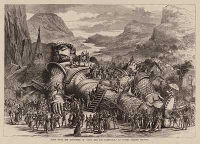 Escena de la pantomima "Jack y las habichuelas", en el teatro Covent Garden (grabado) de English School
