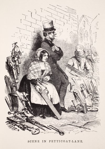 Escena en Petticoat-Lane, ilustración de London Labour and London Poor por Henry Mayhew, pub. 1862 de English School