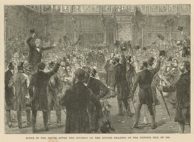 Escena en la Cámara de los Comunes después de la votación sobre la segunda lectura del Proyecto de Ley de Reforma de 1866 de English School