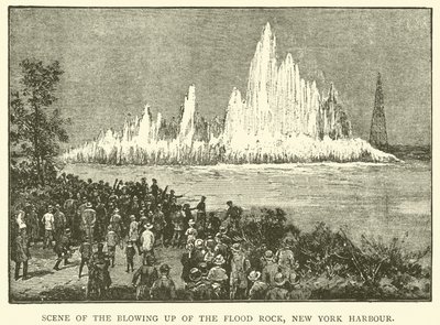 Escena de la Explosión de Flood Rock, Puerto de Nueva York (grabado) de English School