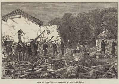 Escena de la explosión de pólvora en el Fuerte de Agra, India (grabado) de English School