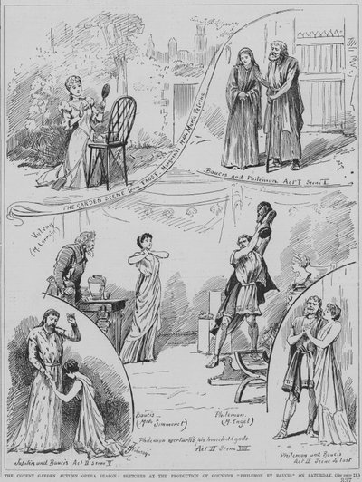 Escenas de una representación de la ópera Philemon et Baucis de Charles Gounod en el Royal Opera House, Covent Garden, Londres de English School