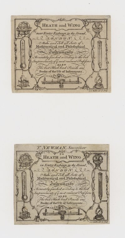 Tarjetas comerciales de fabricantes de instrumentos científicos, Heath y Wing y su sucesor T Newman de English School