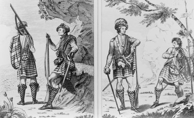 Soldados escoceses de las Tierras Altas y un oficial y sargento de las Tierras Altas de English School