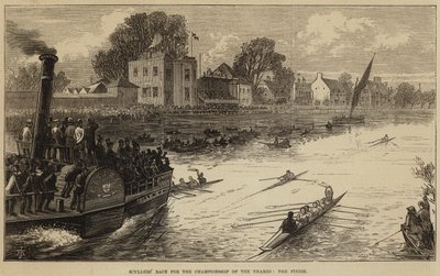 Carrera de Scullers por el Campeonato del Támesis, la llegada (grabado) de English School