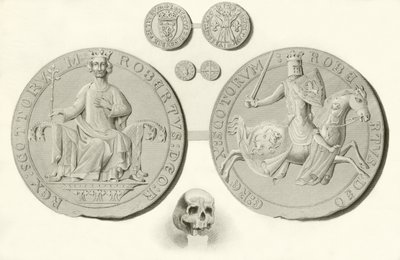Sellos, monedas y cráneo del rey Roberto Bruce de English School