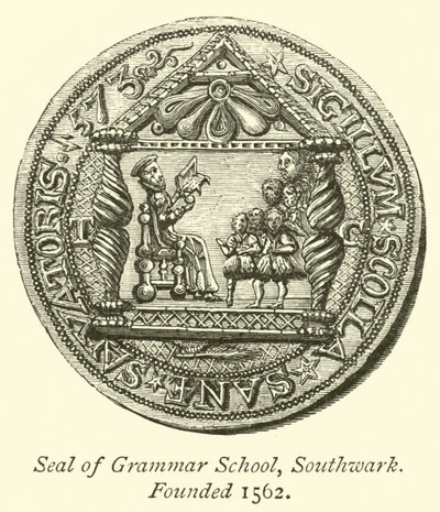 Sello de la Escuela de Gramática, Southwark, fundada en 1562 de English School