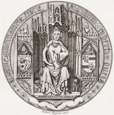 Sello de Robert Stewart, duque de Albany, c. 1340 1420. Miembro de la casa real escocesa, regente, gobernador de Escocia, duque de Albany, conde de Fife y Menteith. De Iconographia Scotica or Portraits of Illustrious Persons of Scotland, publicado en 1797. de English School