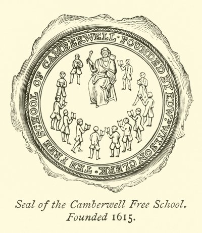 Sello de la Escuela Libre de Camberwell, Fundada en 1615 de English School