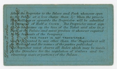 Pase de temporada para el Palacio de Cristal, 1861-62, reverso, mostrando reglas de English School
