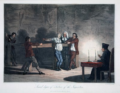 Segundo grado de tortura de la Inquisición, grabado por L.C. Stadler, publicado por Cadell & Davies, Londres, c.1813 (grabado en color) de English School