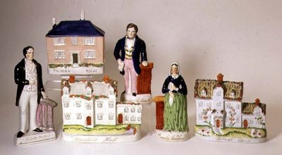 Selección de figuras tituladas de Staffordshire: Stanfield Hall; Potash Farm; Casa de Palmer; Emily Sandford; James Bloomfield Rush; William Palmer, c.1849 de English School