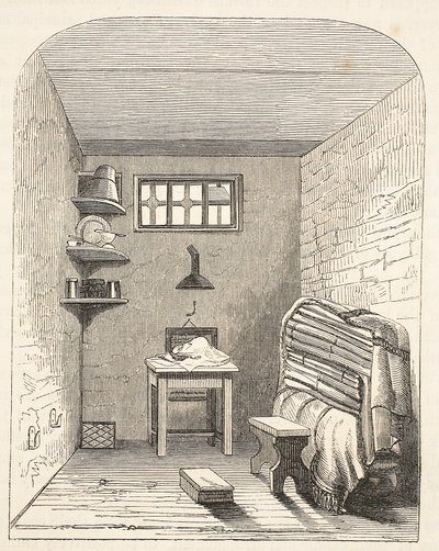 Celda separada en la parte antigua de la prisión de Brixton, ilustración de Las prisiones criminales de Londres y escenas de la vida en prisión de Henry Mayhew y John Binny, pub. 1862 de English School