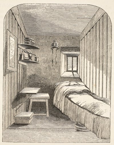 Celda separada para dormir en una de las nuevas alas de la prisión de convictas de Brixton, ilustración de Las prisiones criminales de Londres y escenas de la vida en prisión de Henry Mayhew y John Binny de English School