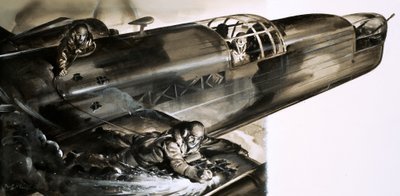 El sargento James Allen Ward caminando sobre el ala de un bombardero Wellington de English School