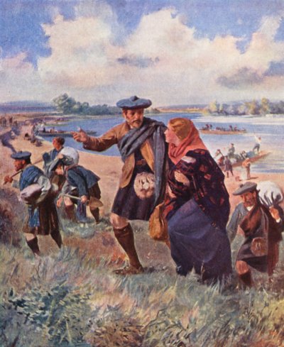 Colonos de Kildonan llegando al Río Rojo, Manitoba (litografía en color) de English School