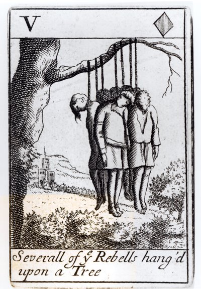 Varios rebeldes colgados de un árbol, carta de cinco de corazones de un juego que conmemora la Rebelión de Monmouth en 1685 de English School