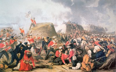 El sargento McCabe iza los colores en las murallas en la Batalla de Sobraon de English School