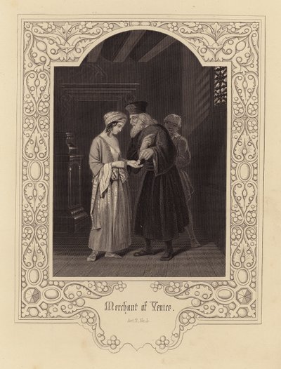 Shakespeare: El mercader de Venecia, Acto 2, Escena 5 (grabado) de English School